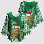 New Zealand Kakapo Christmas In July Kimono Sleeve Blouse Silver Fern Santa Xmas Green Color