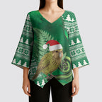 New Zealand Kakapo Christmas In July Kimono Sleeve Blouse Silver Fern Santa Xmas Green Color