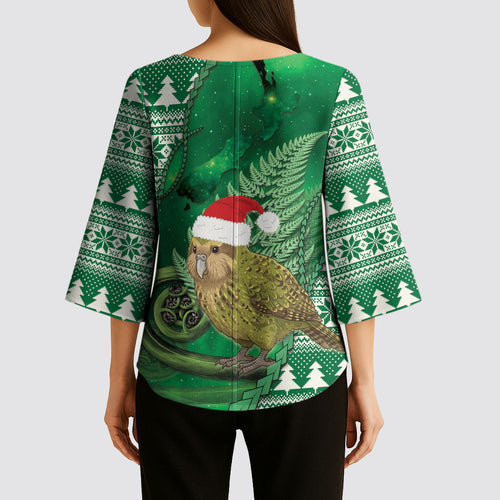 New Zealand Kakapo Christmas In July Kimono Sleeve Blouse Silver Fern Santa Xmas Green Color