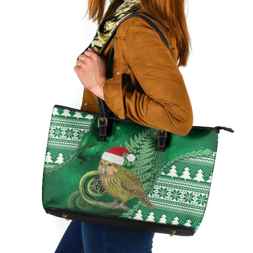 New Zealand Kakapo Christmas In July Leather Tote Bag Silver Fern Santa Xmas Green Color