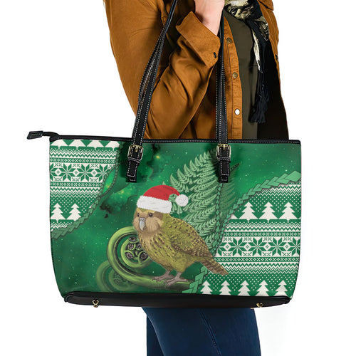 New Zealand Kakapo Christmas In July Leather Tote Bag Silver Fern Santa Xmas Green Color