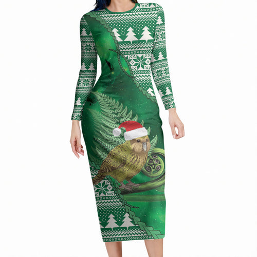 New Zealand Kakapo Christmas In July Long Sleeve Bodycon Dress Silver Fern Santa Xmas Green Color