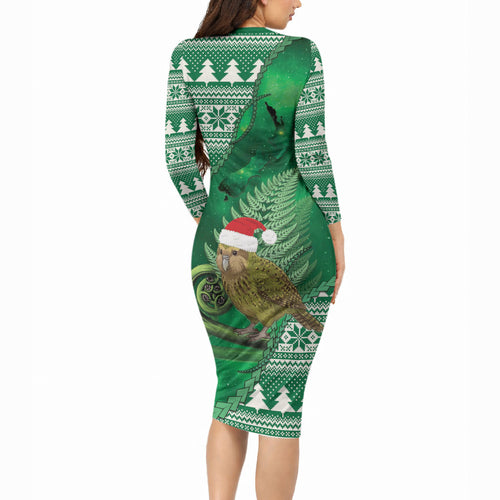 New Zealand Kakapo Christmas In July Long Sleeve Bodycon Dress Silver Fern Santa Xmas Green Color