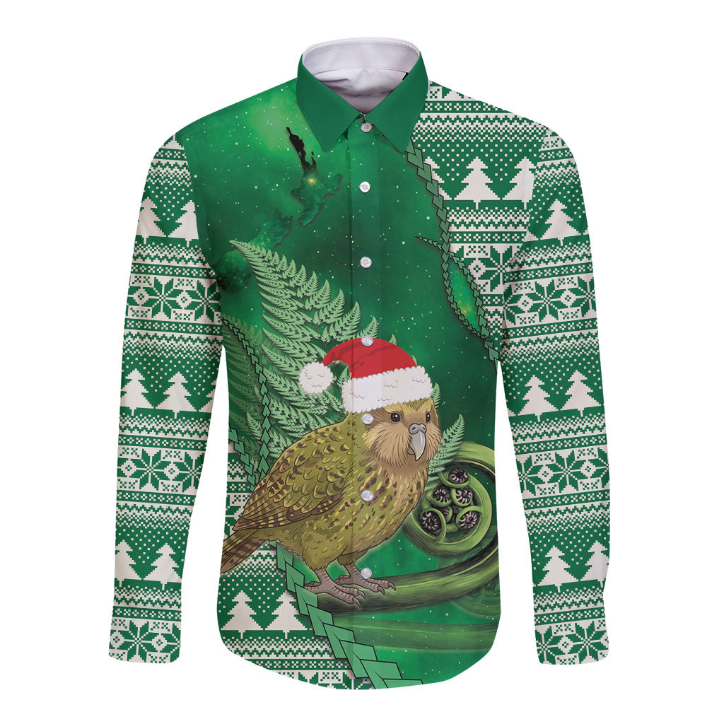 New Zealand Kakapo Christmas In July Long Sleeve Button Shirt Silver Fern Santa Xmas Green Color