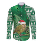 New Zealand Kakapo Christmas In July Long Sleeve Button Shirt Silver Fern Santa Xmas Green Color