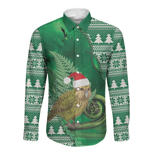 New Zealand Kakapo Christmas In July Long Sleeve Button Shirt Silver Fern Santa Xmas Green Color