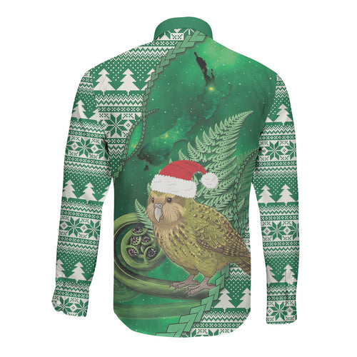 New Zealand Kakapo Christmas In July Long Sleeve Button Shirt Silver Fern Santa Xmas Green Color
