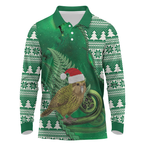 New Zealand Kakapo Christmas In July Long Sleeve Polo Shirt Silver Fern Santa Xmas Green Color