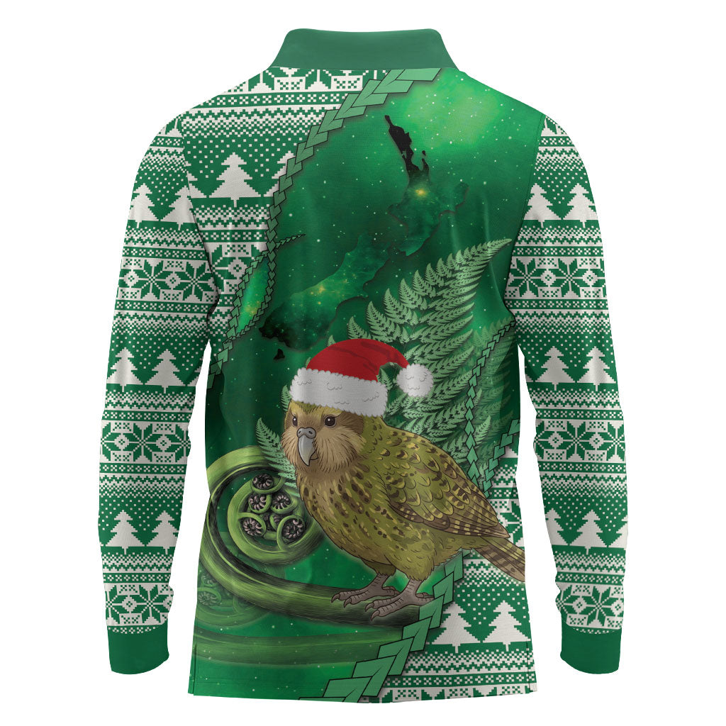 New Zealand Kakapo Christmas In July Long Sleeve Polo Shirt Silver Fern Santa Xmas Green Color
