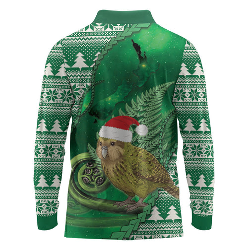 New Zealand Kakapo Christmas In July Long Sleeve Polo Shirt Silver Fern Santa Xmas Green Color