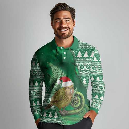 New Zealand Kakapo Christmas In July Long Sleeve Polo Shirt Silver Fern Santa Xmas Green Color
