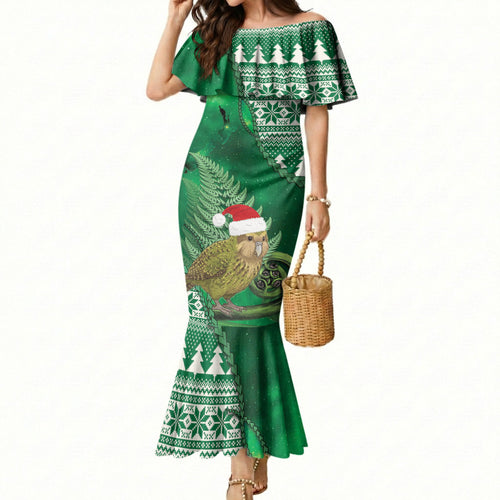 New Zealand Kakapo Christmas In July Mermaid Dress Silver Fern Santa Xmas Green Color