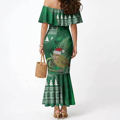 New Zealand Kakapo Christmas In July Mermaid Dress Silver Fern Santa Xmas Green Color