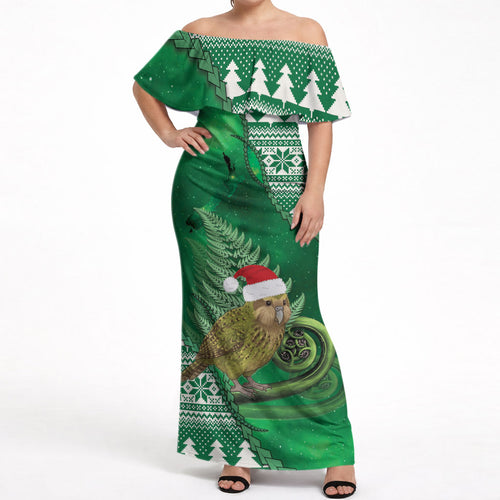 New Zealand Kakapo Christmas In July Off Shoulder Maxi Dress Silver Fern Santa Xmas Green Color