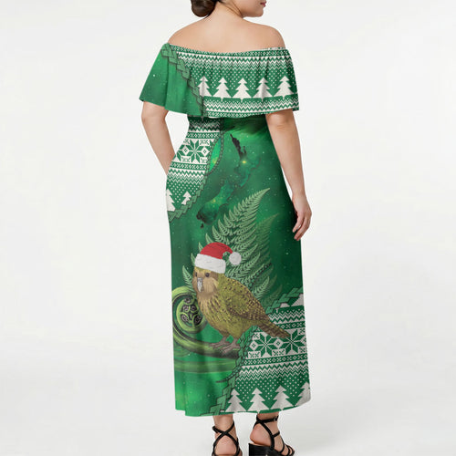 New Zealand Kakapo Christmas In July Off Shoulder Maxi Dress Silver Fern Santa Xmas Green Color