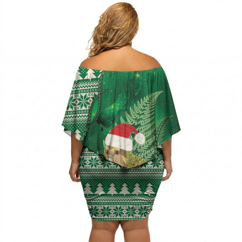 New Zealand Kakapo Christmas In July Off Shoulder Short Dress Silver Fern Santa Xmas Green Color