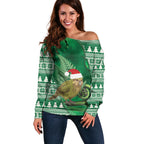 New Zealand Kakapo Christmas In July Off Shoulder Sweater Silver Fern Santa Xmas Green Color