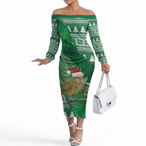 New Zealand Kakapo Christmas In July Off The Shoulder Long Sleeve Dress Silver Fern Santa Xmas Green Color