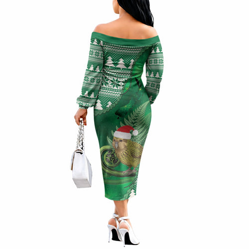 New Zealand Kakapo Christmas In July Off The Shoulder Long Sleeve Dress Silver Fern Santa Xmas Green Color