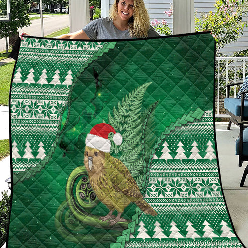 New Zealand Kakapo Christmas In July Quilt Silver Fern Santa Xmas Green Color