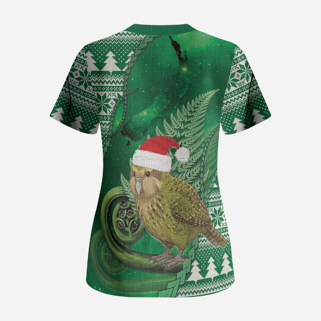 New Zealand Kakapo Christmas In July Scrub Top Silver Fern Santa Xmas Green Color
