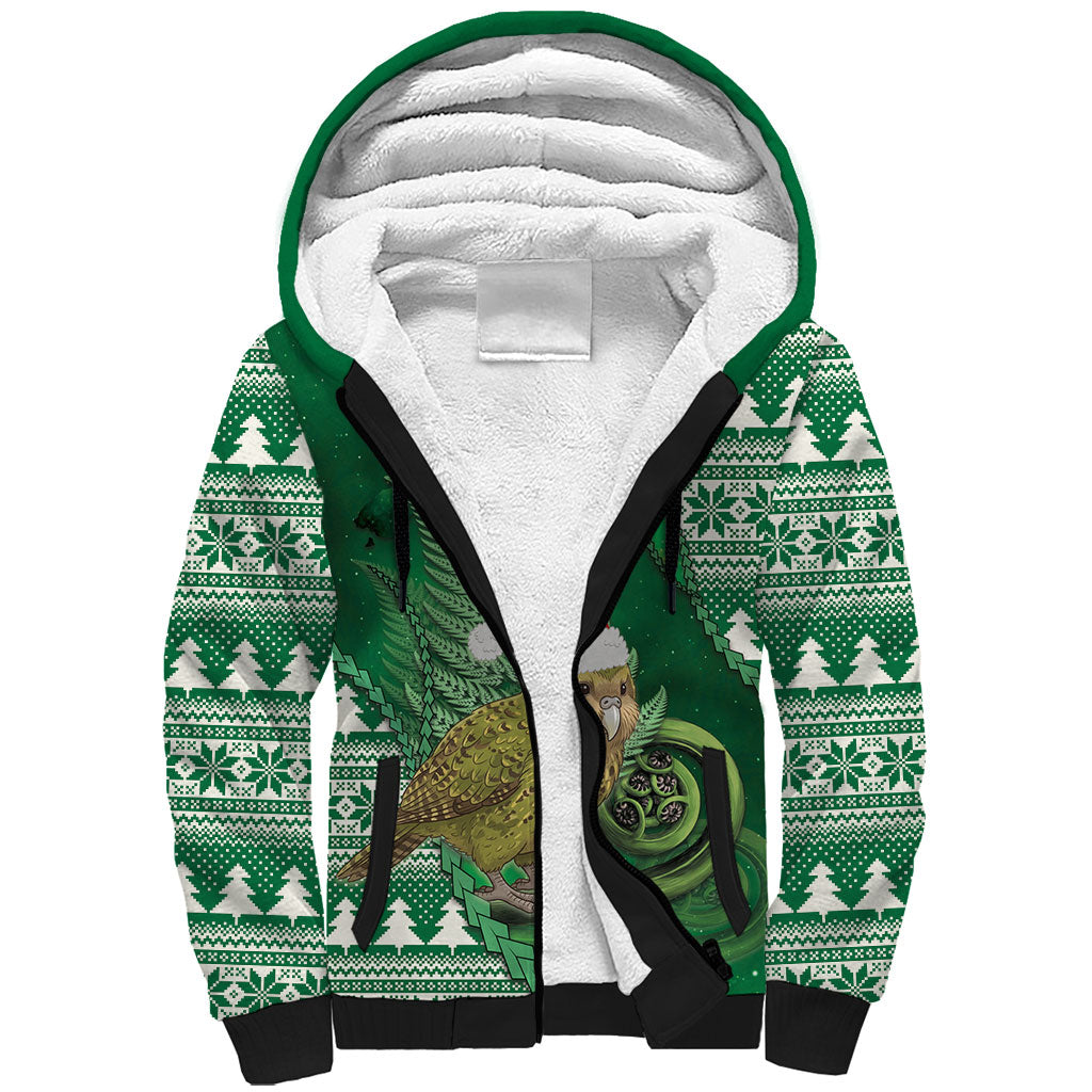 New Zealand Kakapo Christmas In July Sherpa Hoodie Silver Fern Santa Xmas Green Color