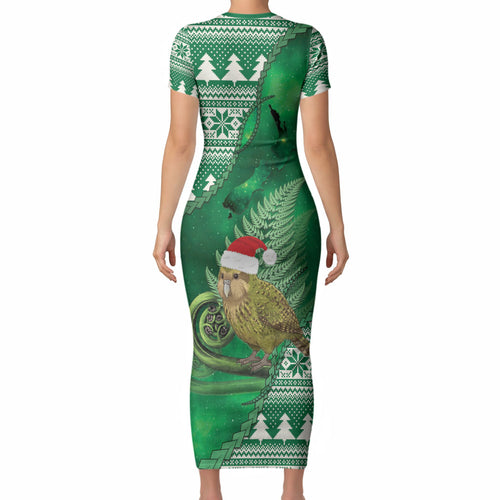 New Zealand Kakapo Christmas In July Short Sleeve Bodycon Dress Silver Fern Santa Xmas Green Color