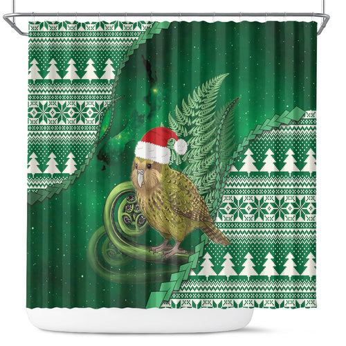 New Zealand Kakapo Christmas In July Shower Curtain Silver Fern Santa Xmas Green Color