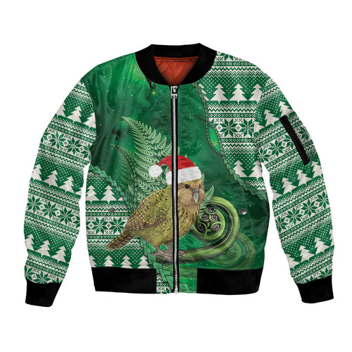 New Zealand Kakapo Christmas In July Sleeve Zip Bomber Jacket Silver Fern Santa Xmas Green Color