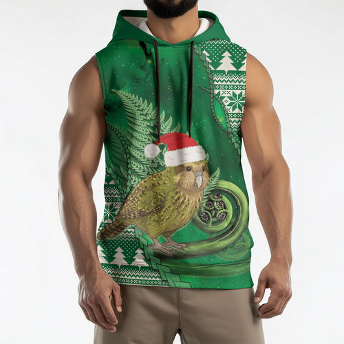 New Zealand Kakapo Christmas In July Sleeveless Hoodie Silver Fern Santa Xmas Green Color