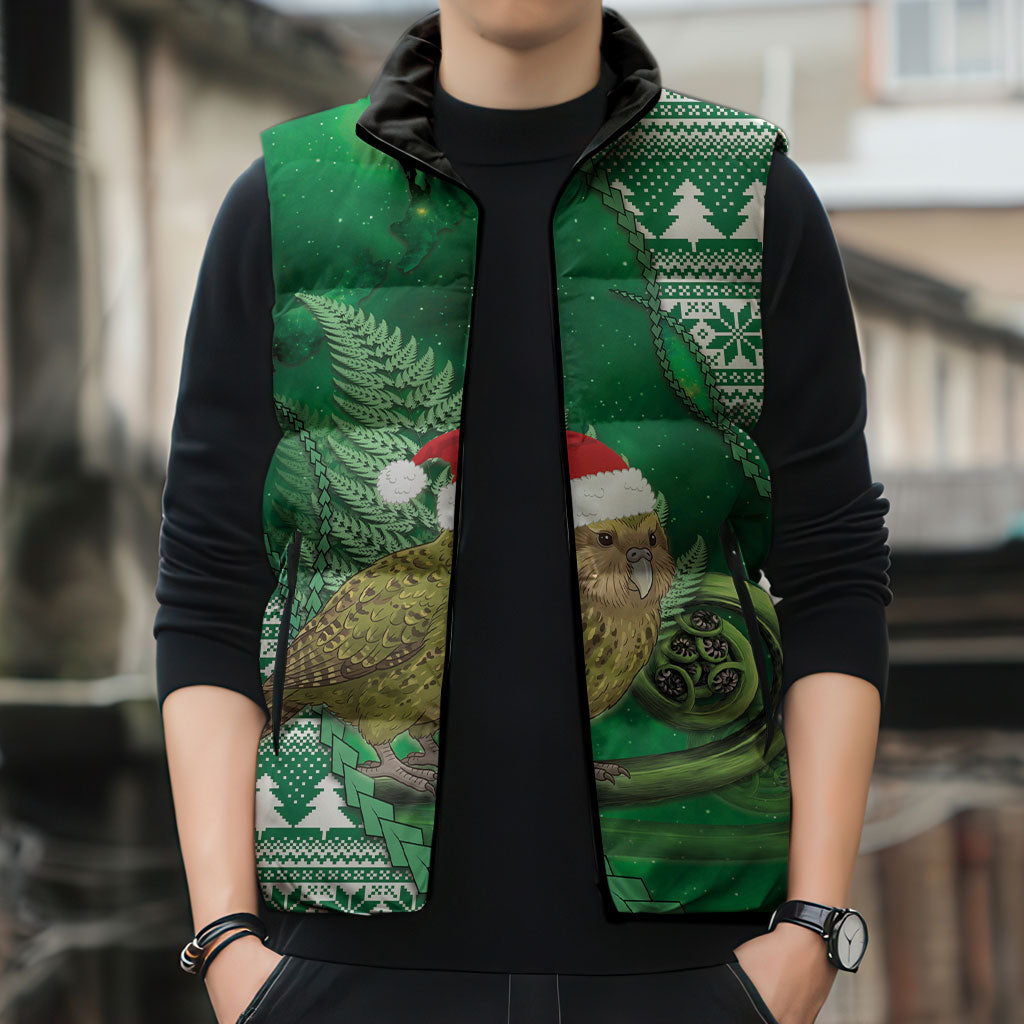 New Zealand Kakapo Christmas In July Sleeveless Puffer Jacket Silver Fern Santa Xmas Green Color