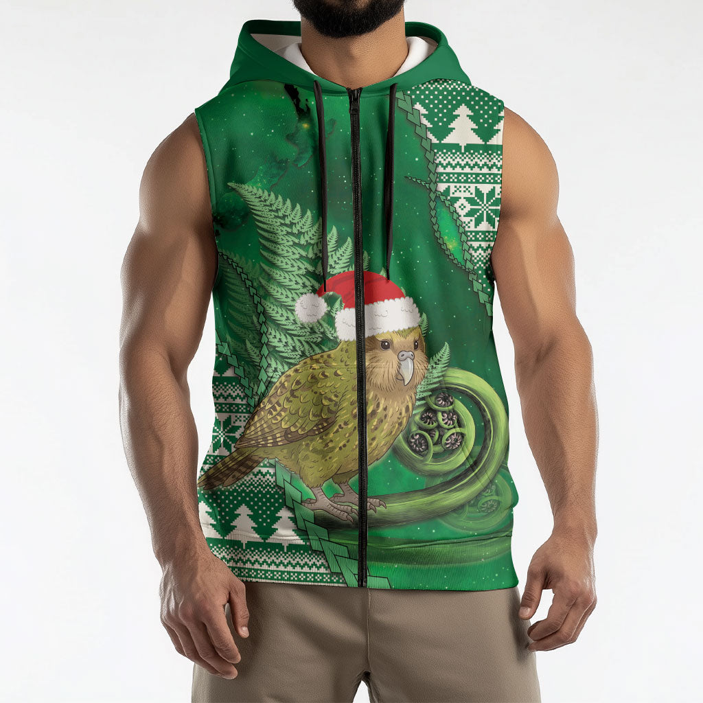 New Zealand Kakapo Christmas In July Sleeveless Zip Hoodie Silver Fern Santa Xmas Green Color