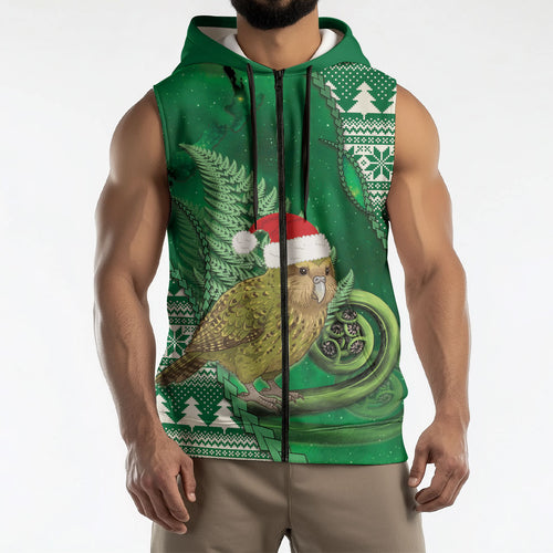 New Zealand Kakapo Christmas In July Sleeveless Zip Hoodie Silver Fern Santa Xmas Green Color