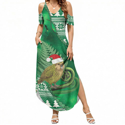 New Zealand Kakapo Christmas In July Summer Maxi Dress Silver Fern Santa Xmas Green Color