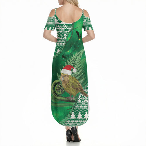 New Zealand Kakapo Christmas In July Summer Maxi Dress Silver Fern Santa Xmas Green Color