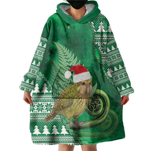 New Zealand Kakapo Christmas In July Wearable Blanket Hoodie Silver Fern Santa Xmas Green Color