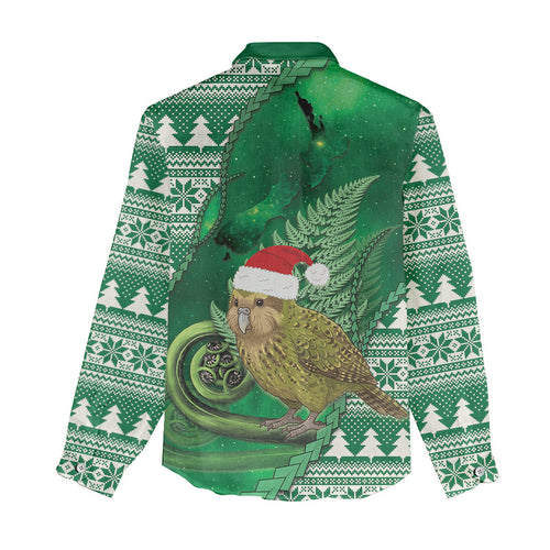 New Zealand Kakapo Christmas In July Women Casual Shirt Silver Fern Santa Xmas Green Color