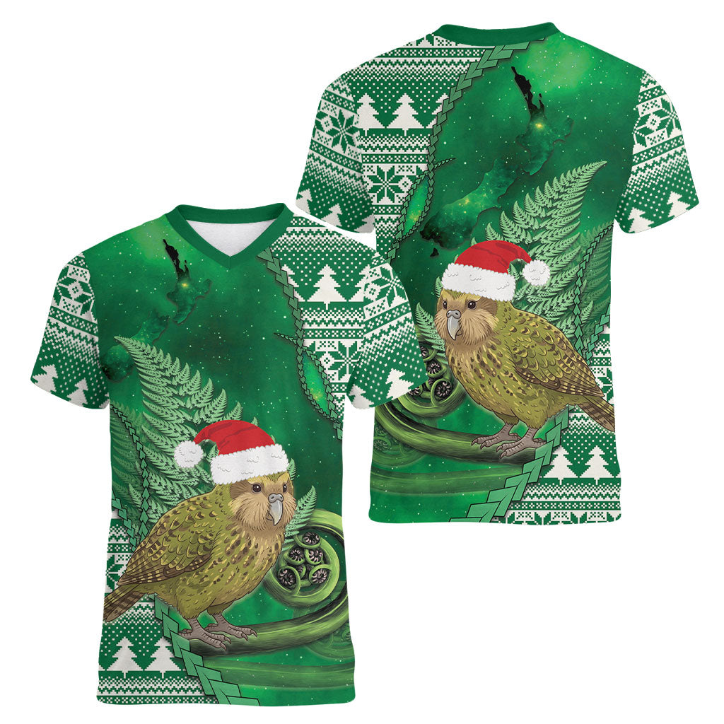 New Zealand Kakapo Christmas In July Women V-Neck T-Shirt Silver Fern Santa Xmas Green Color
