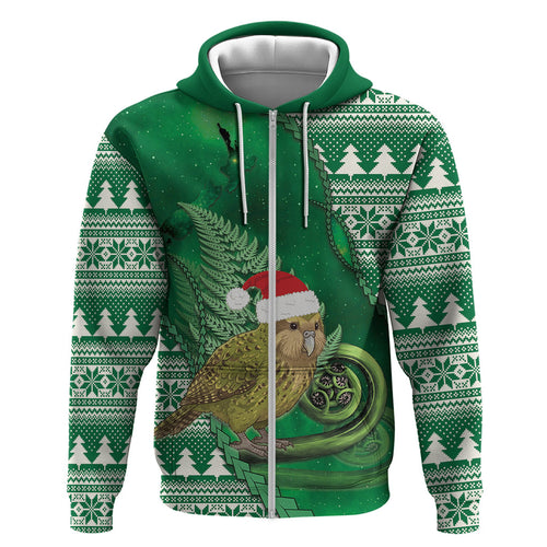 New Zealand Kakapo Christmas In July Zip Hoodie Silver Fern Santa Xmas Green Color