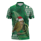 New Zealand Kakapo Christmas In July Zipper Polo Shirt Silver Fern Santa Xmas Green Color