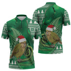 New Zealand Kakapo Christmas In July Zipper Polo Shirt Silver Fern Santa Xmas Green Color