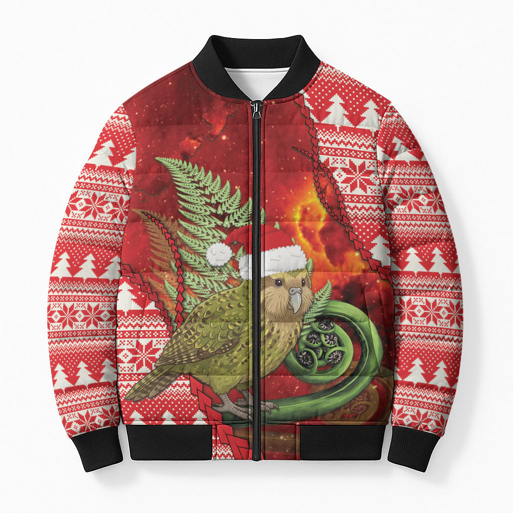 New Zealand Kakapo Christmas In July Bomber Puffer Jacket Silver Fern Santa Xmas Red Color