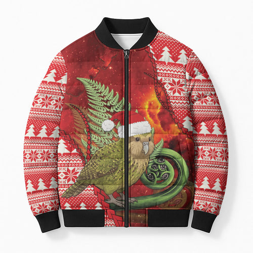 New Zealand Kakapo Christmas In July Bomber Puffer Jacket Silver Fern Santa Xmas Red Color