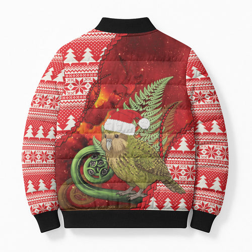 New Zealand Kakapo Christmas In July Bomber Puffer Jacket Silver Fern Santa Xmas Red Color