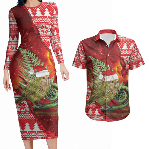 New Zealand Kakapo Christmas In July Couples Matching Long Sleeve Bodycon Dress and Hawaiian Shirt Silver Fern Santa Xmas Red Color