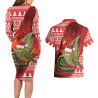 New Zealand Kakapo Christmas In July Couples Matching Long Sleeve Bodycon Dress and Hawaiian Shirt Silver Fern Santa Xmas Red Color