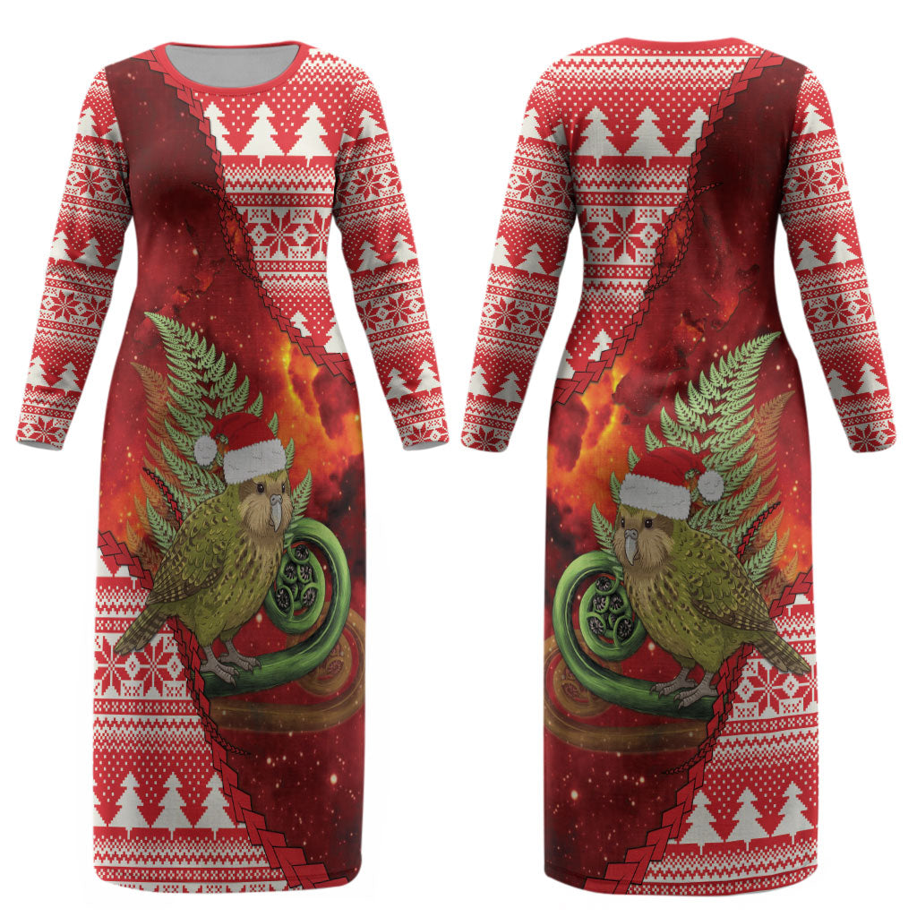 New Zealand Kakapo Christmas In July Couples Matching Long Sleeve Bodycon Dress and Hawaiian Shirt Silver Fern Santa Xmas Red Color LT22