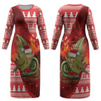 New Zealand Kakapo Christmas In July Couples Matching Long Sleeve Bodycon Dress and Hawaiian Shirt Silver Fern Santa Xmas Red Color LT22