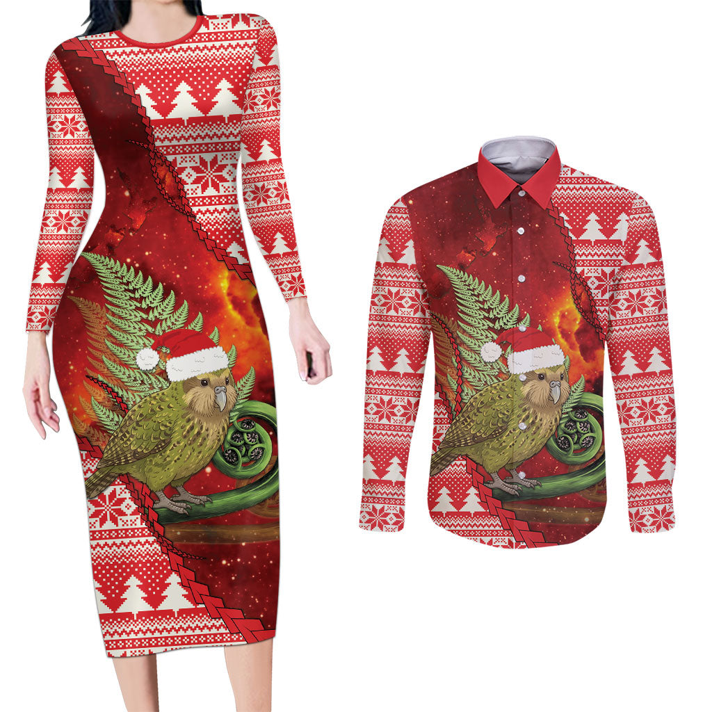 New Zealand Kakapo Christmas In July Couples Matching Long Sleeve Bodycon Dress and Long Sleeve Button Shirt Silver Fern Santa Xmas Red Color