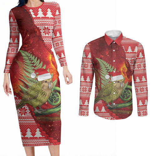 New Zealand Kakapo Christmas In July Couples Matching Long Sleeve Bodycon Dress and Long Sleeve Button Shirt Silver Fern Santa Xmas Red Color